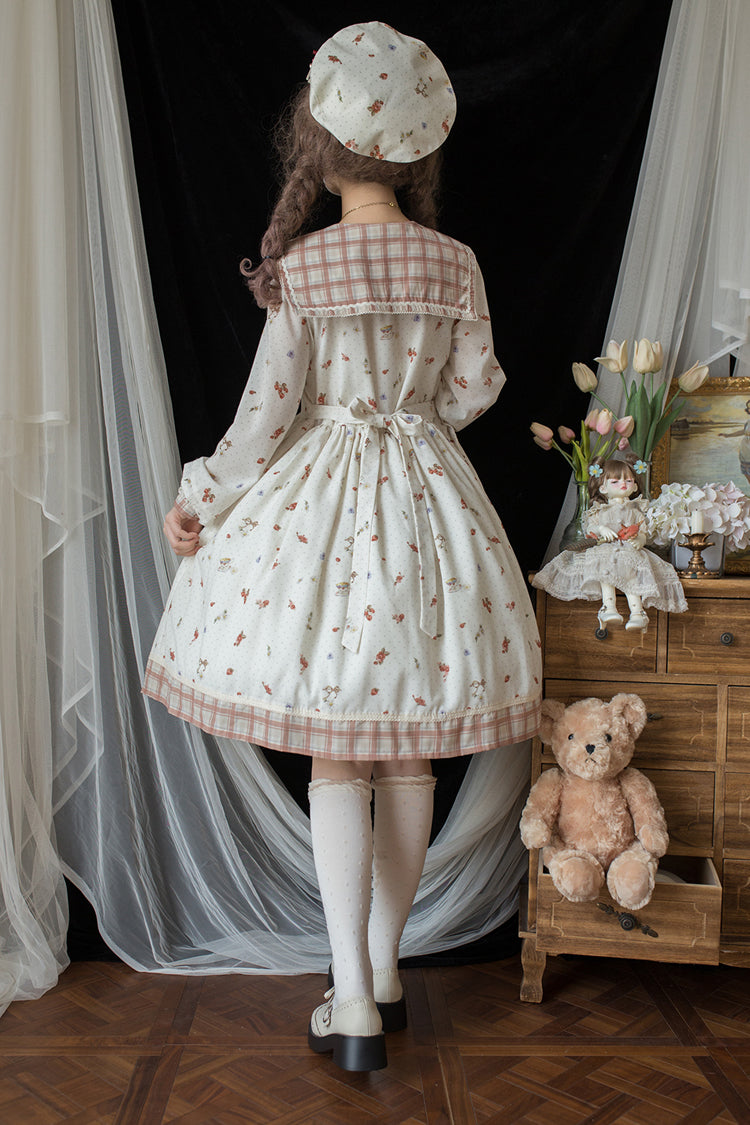 Sweet Lolita Dress - Sailor Collar Print, Ivory, Ruffled, Printed, Long Sleeves - additional product view 4
