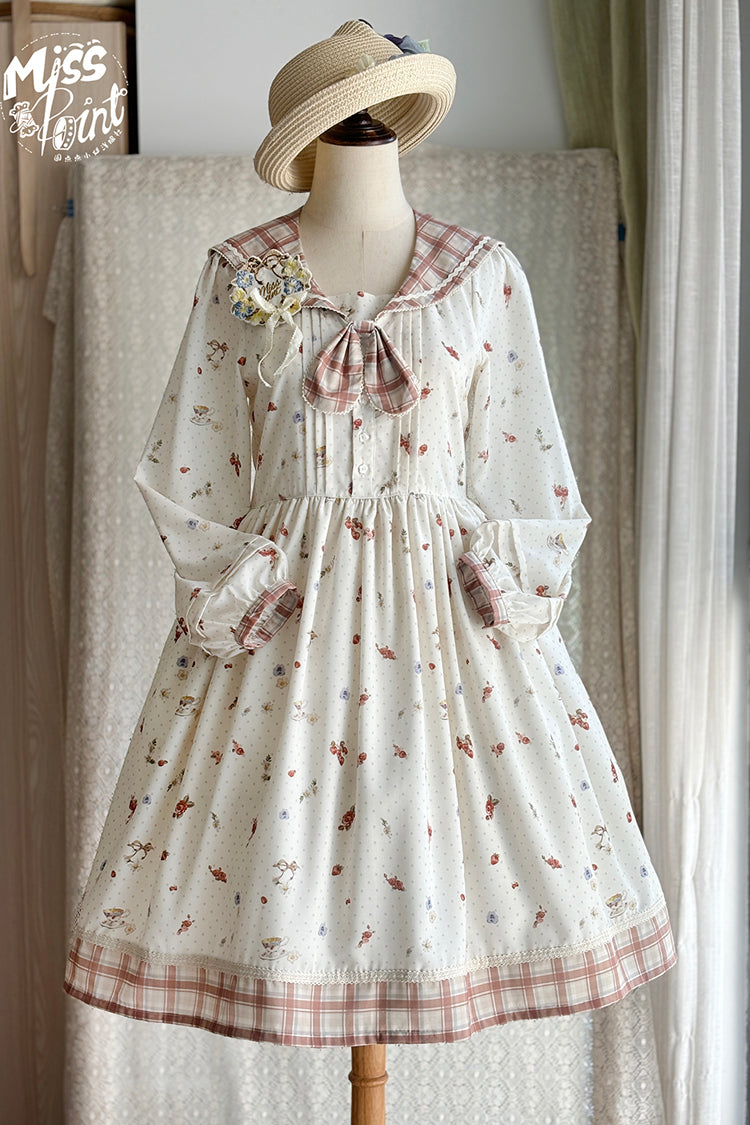 Sweet Lolita Dress - Sailor Collar Print, Ivory, Ruffled, Printed, Long Sleeves - additional product view 5