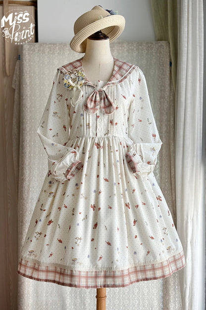 Sweet Lolita Dress - Sailor Collar Print, Ivory, Ruffled, Printed, Long Sleeves - additional product view 5