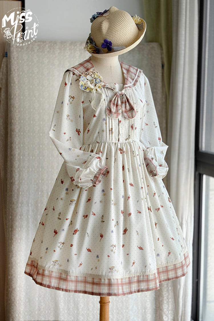 Sweet Lolita Dress - Sailor Collar Print, Ivory, Ruffled, Printed, Long Sleeves - additional product view 6