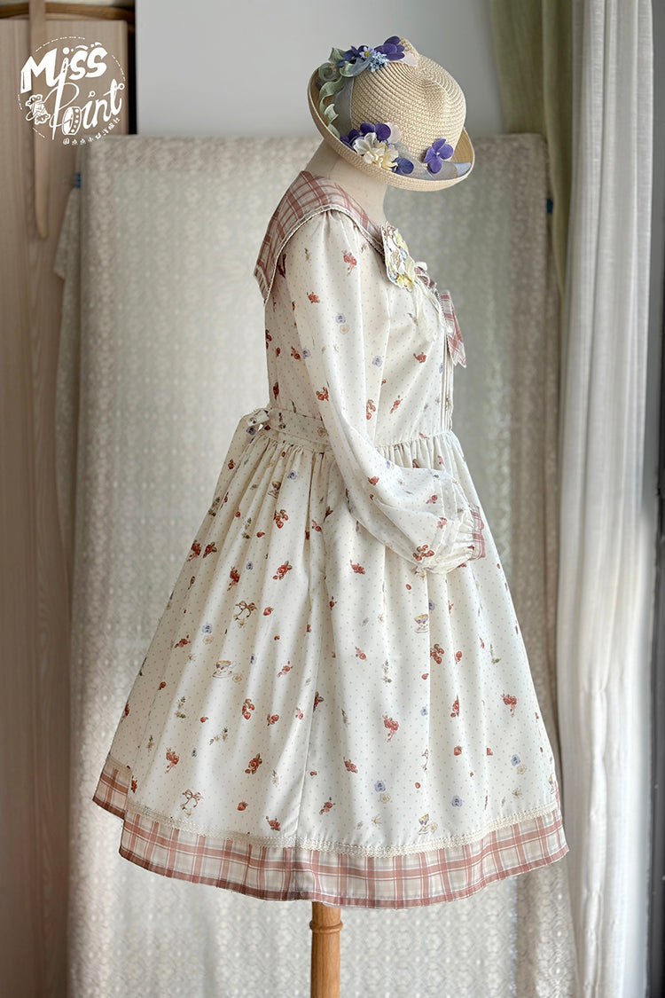 Sweet Lolita Dress - Sailor Collar Print, Ivory, Ruffled, Printed, Long Sleeves - additional product view 7