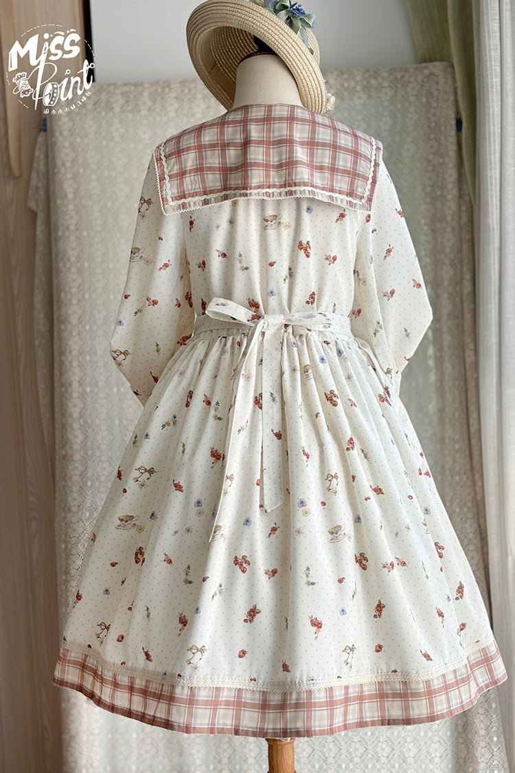 Sweet Lolita Dress - Sailor Collar Print, Ivory, Ruffled, Printed, Long Sleeves - additional product view 8