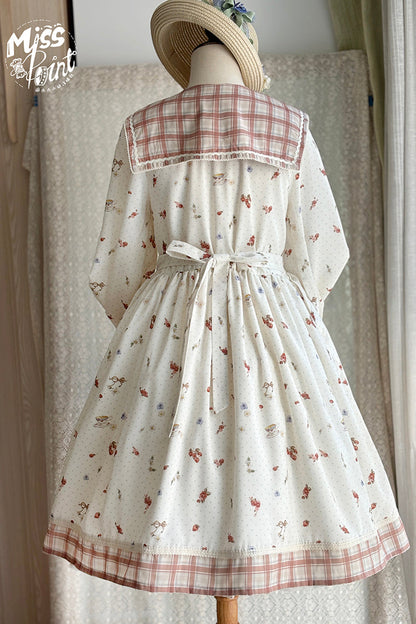 Sweet Lolita Dress - Sailor Collar Print, Ivory, Ruffled, Printed, Long Sleeves - additional product view 8
