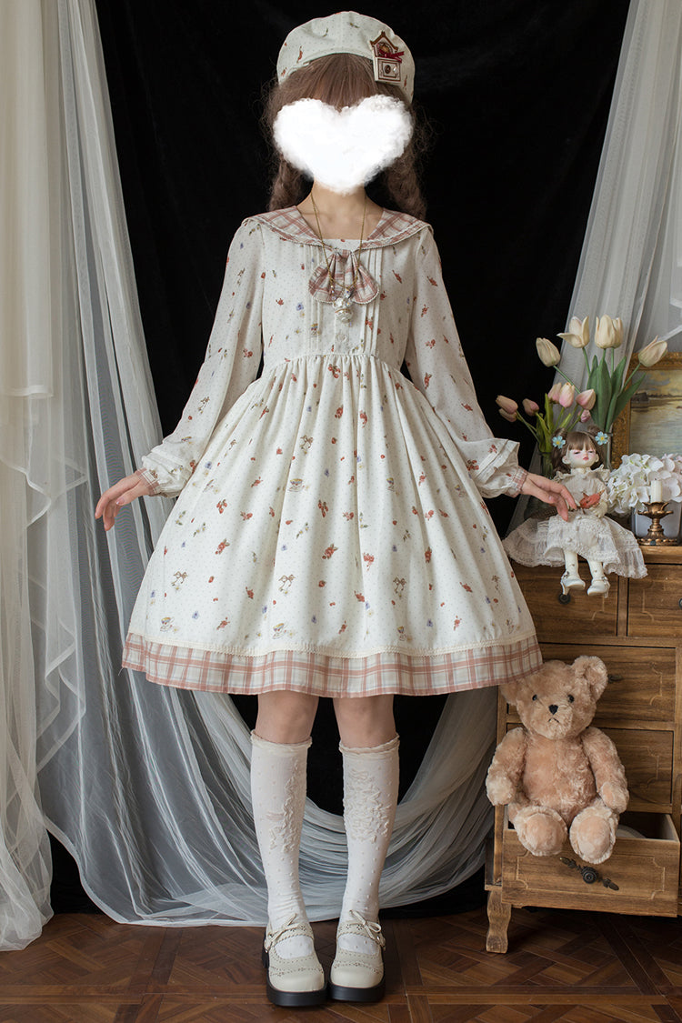 Sweet Lolita Dress - Sailor Collar Print, Ivory, Ruffled, Printed, Long Sleeves - main product image