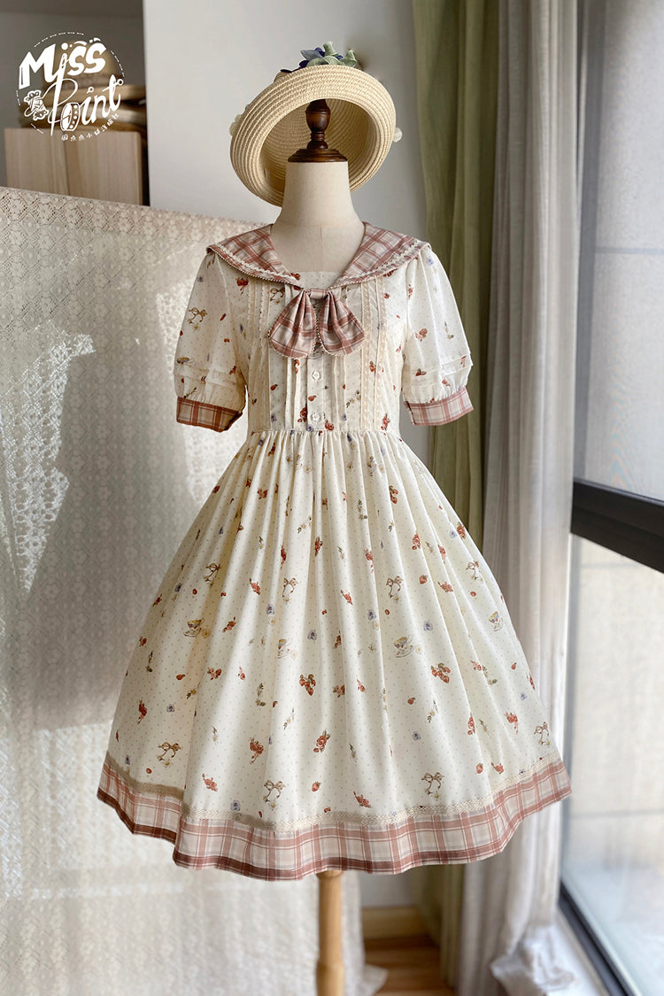 Sweet Lolita Dress - Sailor Collar Print, Ivory, Ruffled, Printed, Long Sleeves - XS Short Sleeve Ivory / S Short Sleeve Ivory / M Short Sleeve Ivory option