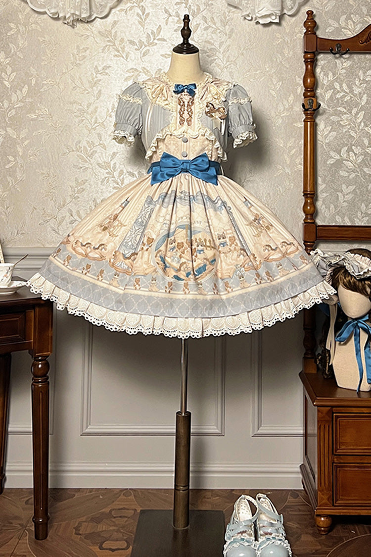 Sweet Lolita Dress - Sea Salt Fairy Tale Doll, 2 Colors, Ruffled, Printed, Bow Detail - XS Blue / S Blue / M Blue option