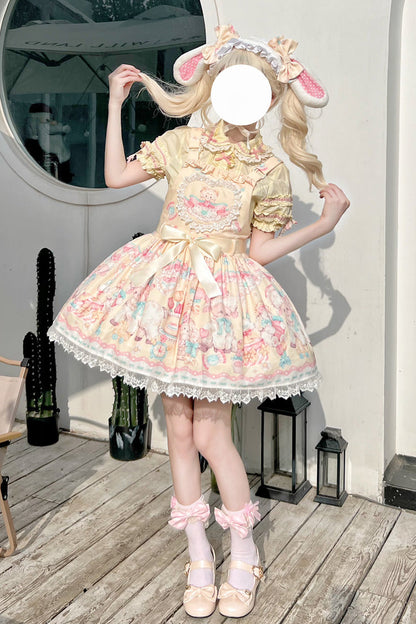 Sweet Lolita Dress - Sheep's Party Print, Yellow, Bow Detail, Lace Trim, Printed - additional product view 2