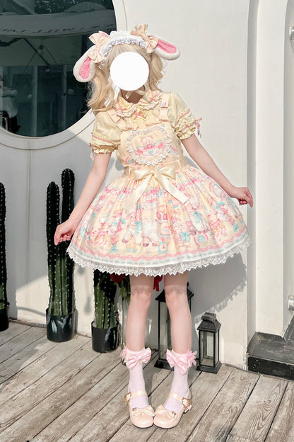 Sweet Lolita Dress - Sheep's Party Print, Yellow, Bow Detail, Lace Trim, Printed - additional product view 4