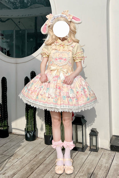 Sweet Lolita Dress - Sheep's Party Print, Yellow, Bow Detail, Lace Trim, Printed - additional product view 5