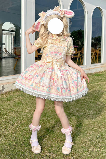 Sweet Lolita Dress - Sheep's Party Print, Yellow, Bow Detail, Lace Trim, Printed - additional product view 6