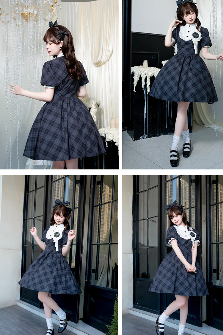 Sweet Lolita Dress - Showa Girls Summer Plaid Print, 2 Colors, Plaid, Classic Style - additional product view 5