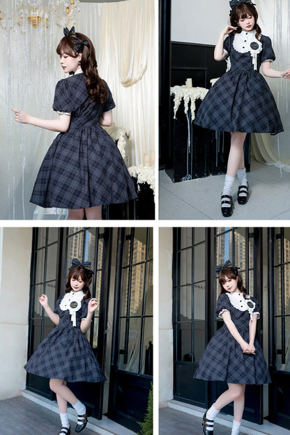 Sweet Lolita Dress - Showa Girls Summer Plaid Print, 2 Colors, Plaid, Classic Style - additional product view 5