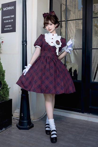 Sweet Lolita Dress - Showa Girls Summer Plaid Print, 2 Colors, Plaid, Classic Style - S Wine / M Wine / L Wine option