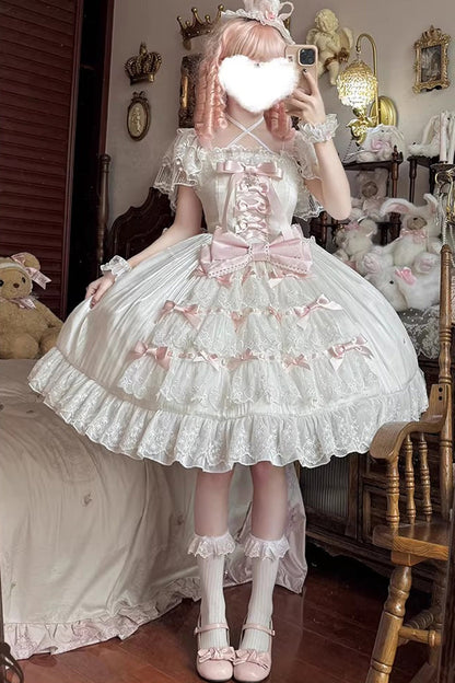Sweet Lolita Dress - Snow Of Love, 2 Colors, Ruffled, Bow Detail, Lace Trim - additional product view 5