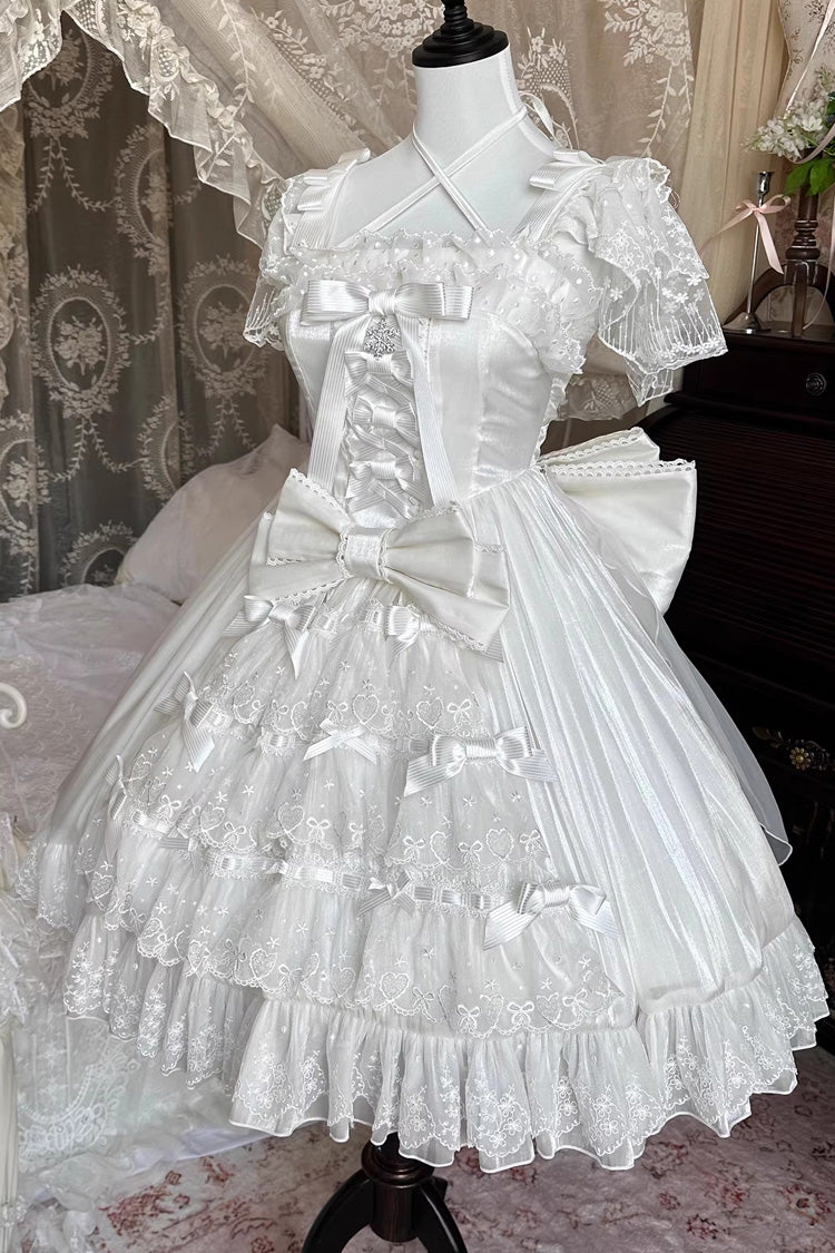Sweet Lolita Dress - Snow Of Love, 2 Colors, Ruffled, Bow Detail, Lace Trim - S White / M White / L White option