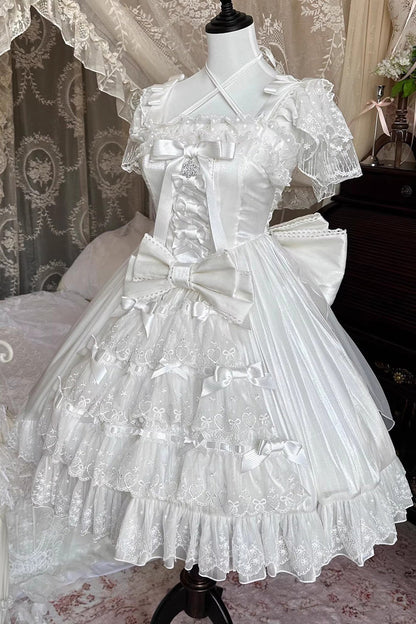 Sweet Lolita Dress - Snow Of Love, 2 Colors, Ruffled, Bow Detail, Lace Trim - S White / M White / L White option