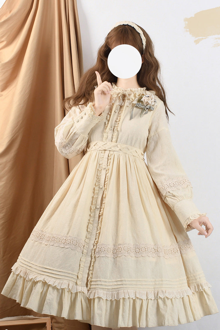 Sweet Lolita Dress - Spring Dawn, 3 Colors, Ruffled, Long Sleeves, Bow Detail - S Beige / M Beige / L Beige option