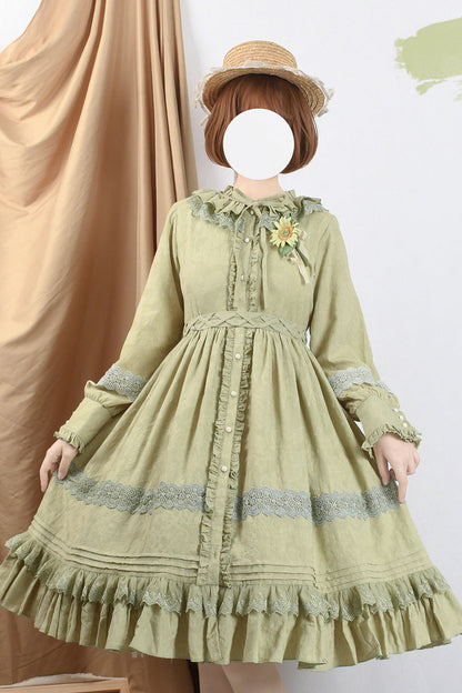 Sweet Lolita Dress - Spring Dawn, 3 Colors, Ruffled, Long Sleeves, Bow Detail - S Green / M Green / L Green option