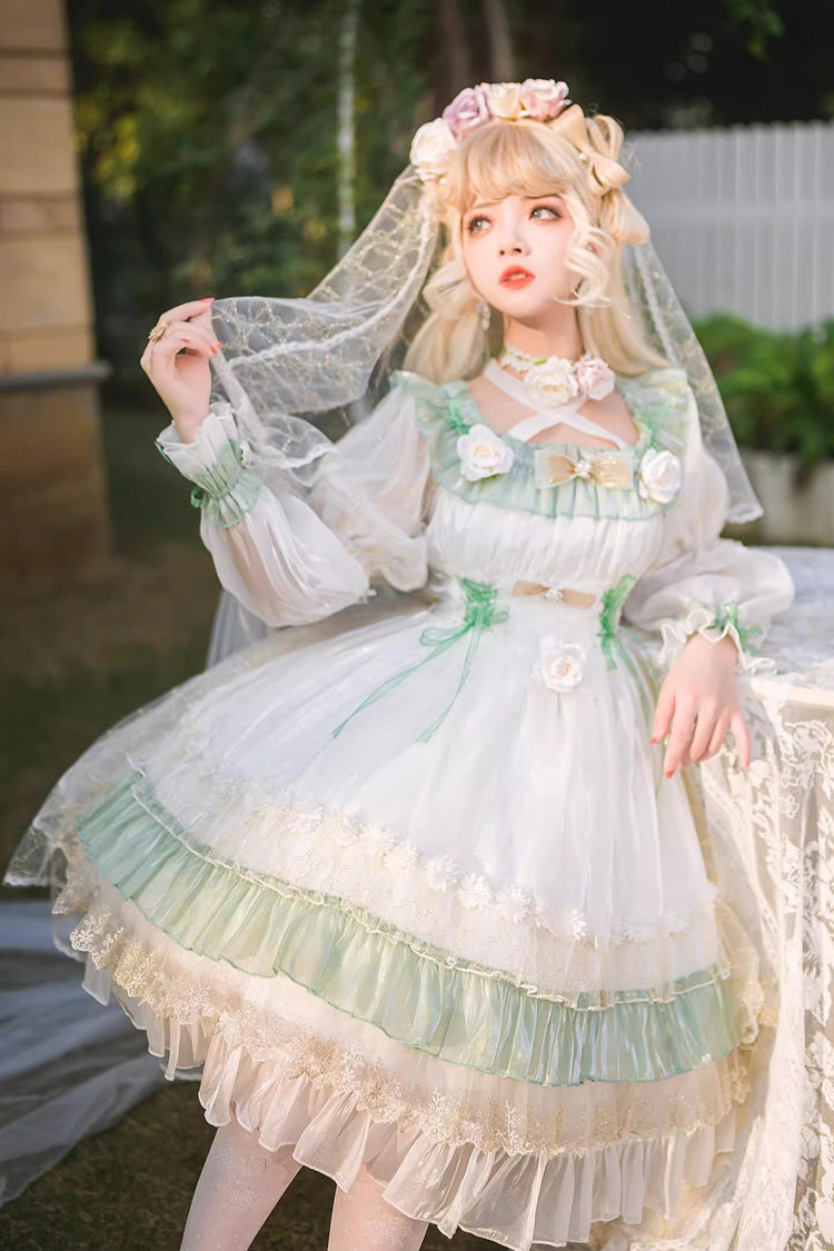 Sweet Lolita Dress - Spring Of Boliya, Green, Ruffled, Layered, Lace-Up - additional product view 7