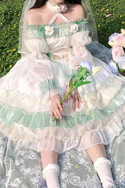 Sweet Lolita Dress - Spring Of Boliya, Green, Ruffled, Layered, Lace-Up - additional product view 15