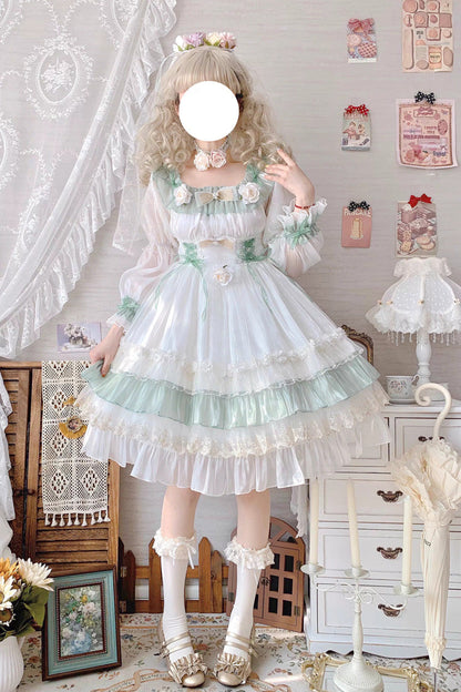 Sweet Lolita Dress - Spring Of Boliya, Green, Ruffled, Layered, Lace-Up - additional product view 19
