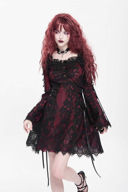 Sweet Lolita Dress - Square Collar Floral Embroidery, Red, Square Collar, Women's Style - additional product view 4