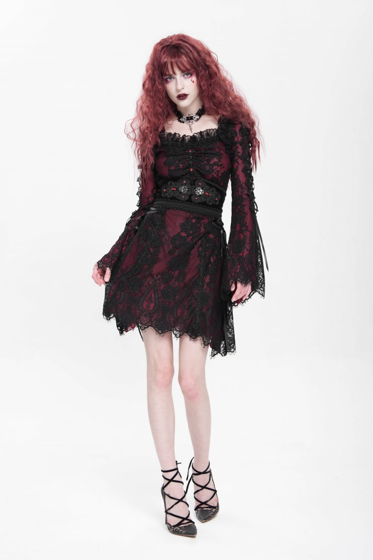 Sweet Lolita Dress - Square Collar Floral Embroidery, Red, Square Collar, Women's Style - additional product view 9