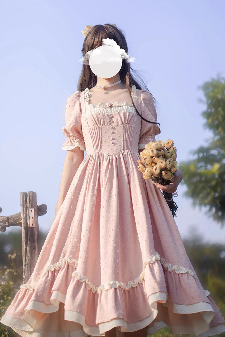 Sweet Lolita Dress - Square Collar Puff Ruffle, Pink, Puff Sleeves, Square Collar, Ruffled - additional product view 2