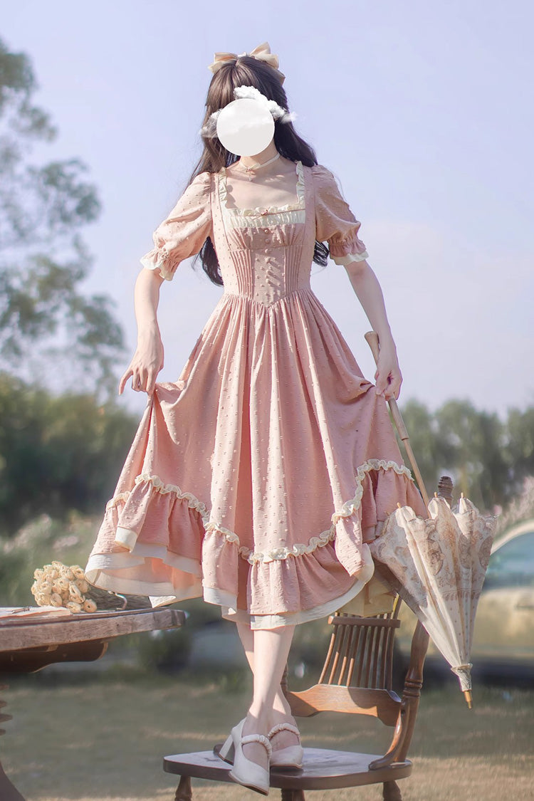Sweet Lolita Dress - Square Collar Puff Ruffle, Pink, Puff Sleeves, Square Collar, Ruffled - additional product view 3