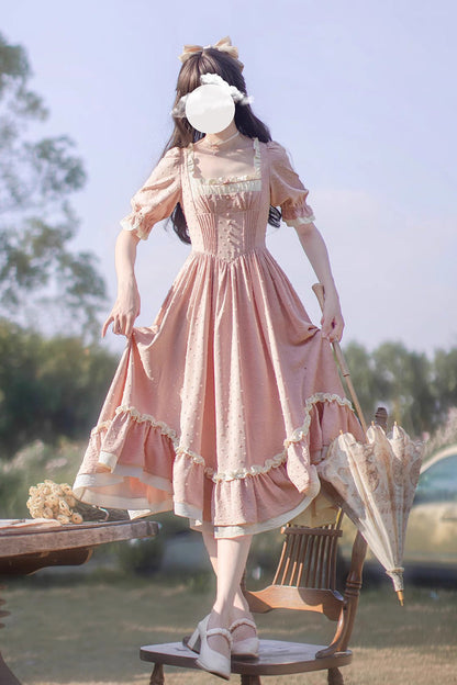 Sweet Lolita Dress - Square Collar Puff Ruffle, Pink, Puff Sleeves, Square Collar, Ruffled - additional product view 3