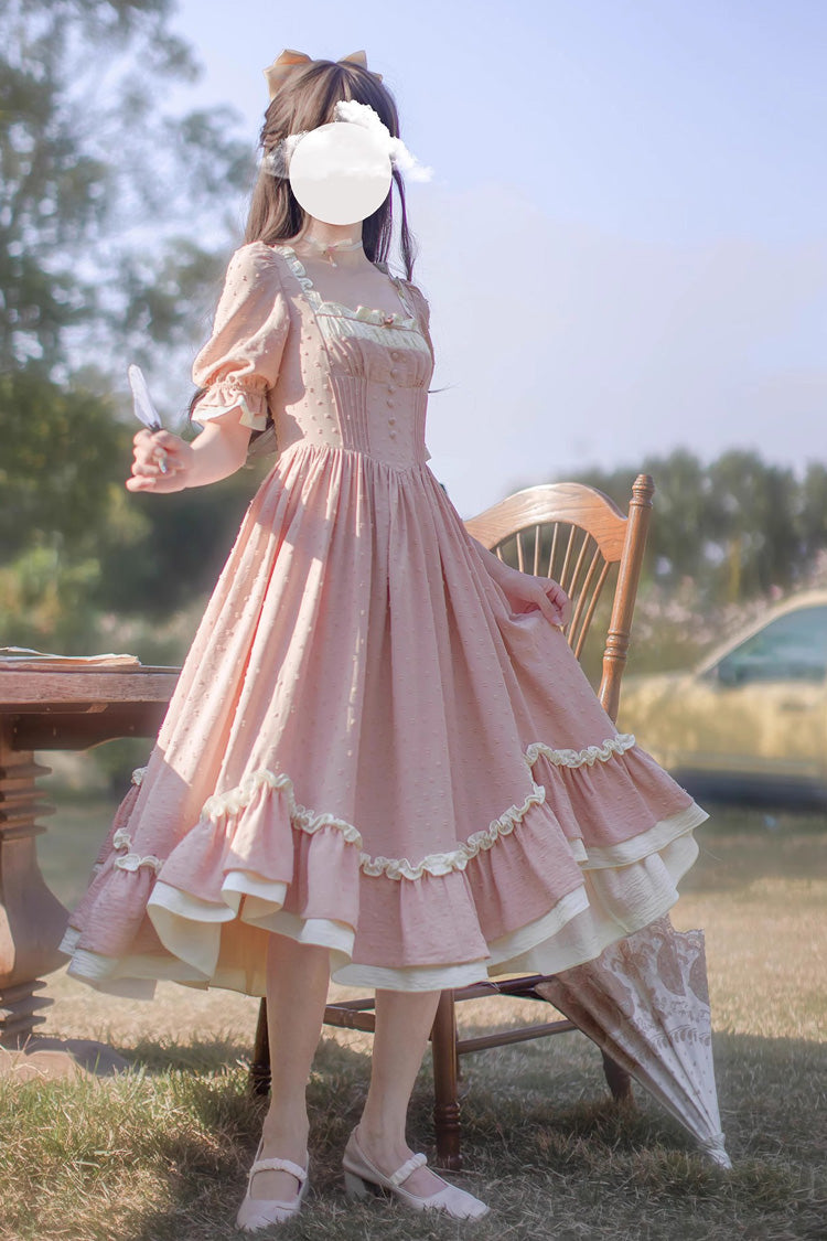 Sweet Lolita Dress - Square Collar Puff Ruffle, Pink, Puff Sleeves, Square Collar, Ruffled - additional product view 4