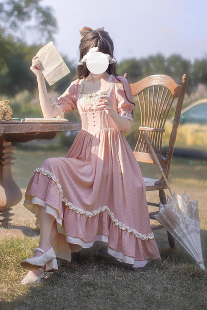 Sweet Lolita Dress - Square Collar Puff Ruffle, Pink, Puff Sleeves, Square Collar, Ruffled - additional product view 5