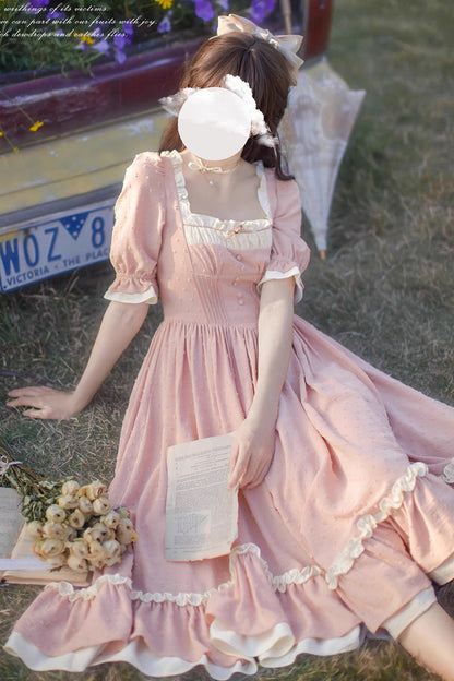 Sweet Lolita Dress - Square Collar Puff Ruffle, Pink, Puff Sleeves, Square Collar, Ruffled - additional product view 6