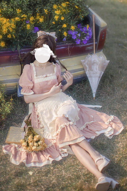 Sweet Lolita Dress - Square Collar Puff Ruffle, Pink, Puff Sleeves, Square Collar, Ruffled - additional product view 7