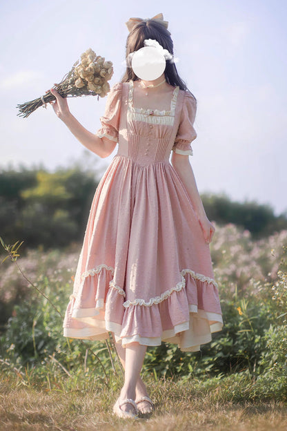 Sweet Lolita Dress - Square Collar Puff Ruffle, Pink, Puff Sleeves, Square Collar, Ruffled - main product image