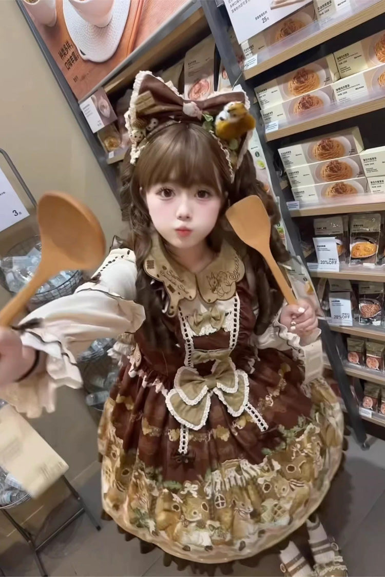 Sweet Lolita Dress - Squirrel Chocolate Shop, Brown, Bow Detail, Ruffled, Printed - additional product view 2