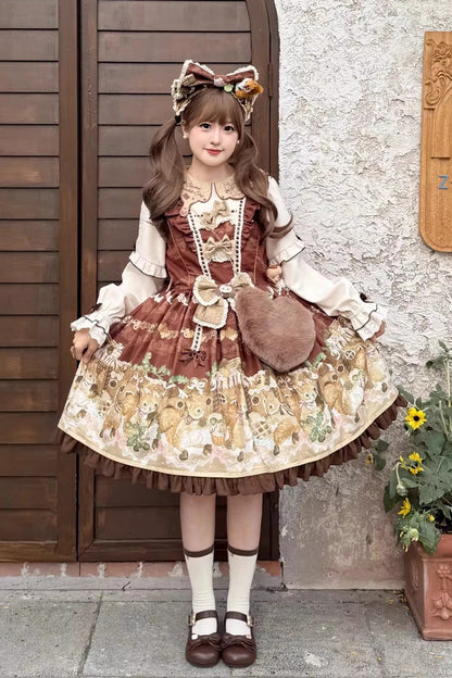 Sweet Lolita Dress - Squirrel Chocolate Shop, Brown, Bow Detail, Ruffled, Printed - main product image