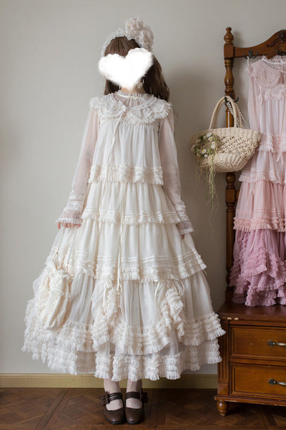Sweet Lolita Dress - Stand Collar Multi-layered, 14 Colors, Stand Collar, Ruffled - S Apricot / M Apricot / L Apricot option