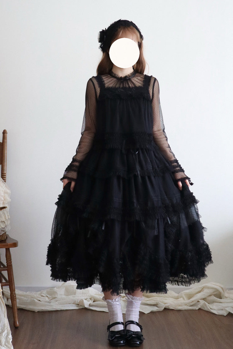 Sweet Lolita Dress - Stand Collar Multi-layered, 14 Colors, Stand Collar, Ruffled - S Black / M Black / L Black option