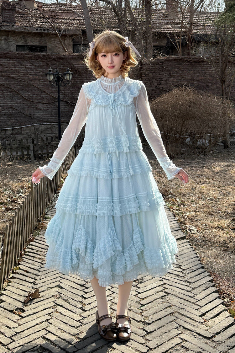 Sweet Lolita Dress - Stand Collar Multi-layered, 14 Colors, Stand Collar, Ruffled - S Blue / M Blue / L Blue option
