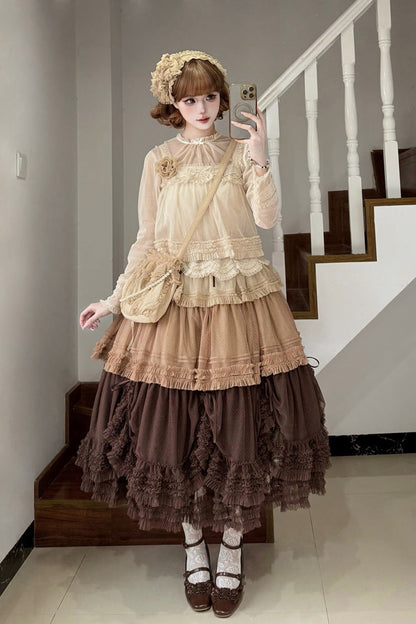 Sweet Lolita Dress - Stand Collar Multi-layered, 14 Colors, Stand Collar, Ruffled - S Brown-Colorblock / M Brown-Colorblock / L Brown-Colorblock option