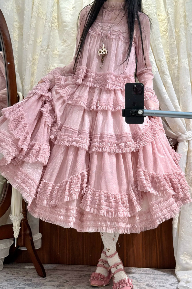 Sweet Lolita Dress - Stand Collar Multi-layered, 14 Colors, Stand Collar, Ruffled - S Dark-Pink / M Dark-Pink / L Dark-Pink option