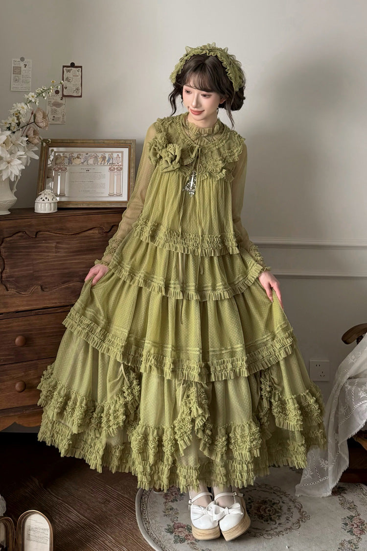 Sweet Lolita Dress - Stand Collar Multi-layered, 14 Colors, Stand Collar, Ruffled - S Moss-Green / M Moss-Green / L Moss-Green option