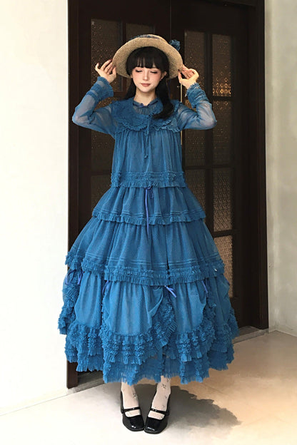 Sweet Lolita Dress - Stand Collar Multi-layered, 14 Colors, Stand Collar, Ruffled - S Peacock-Blue / M Peacock-Blue / L Peacock-Blue option