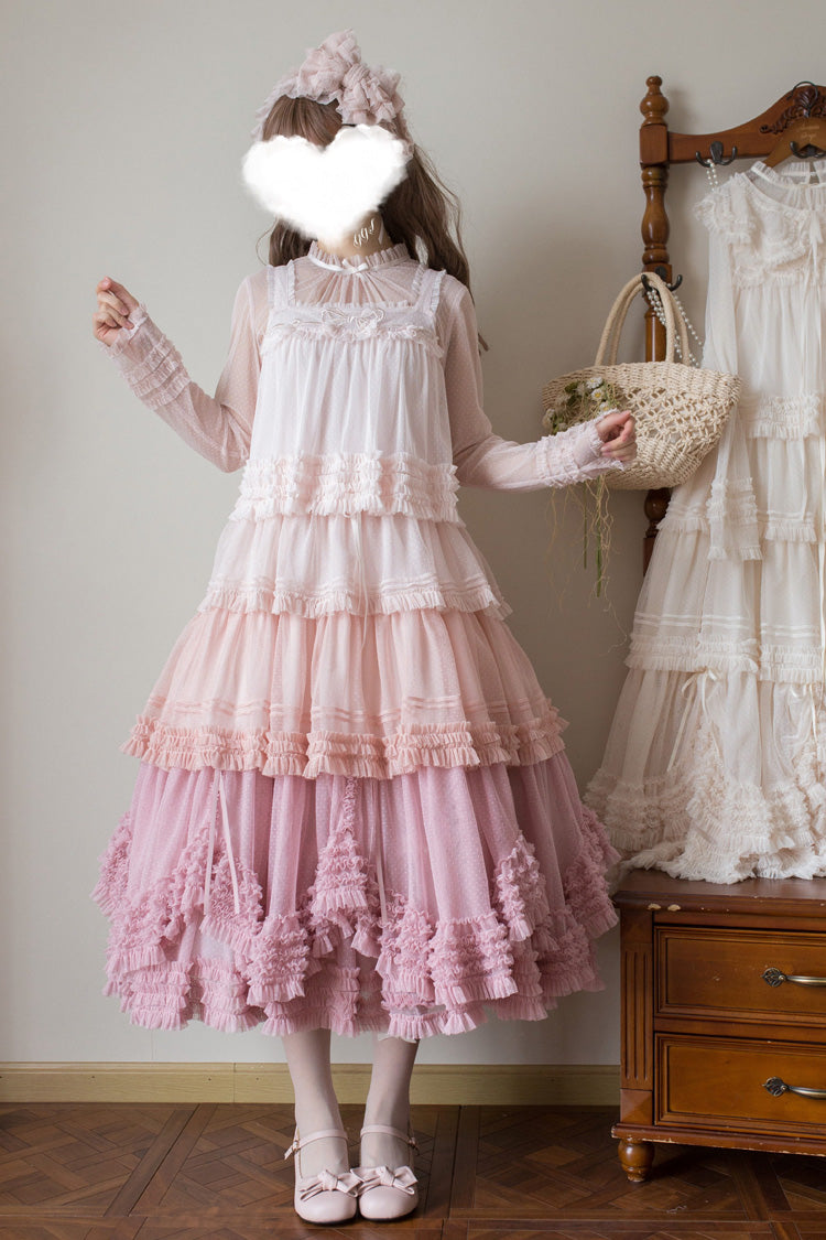 Sweet Lolita Dress - Stand Collar Multi-layered, 14 Colors, Stand Collar, Ruffled - S Pink-Colorblock / M Pink-Colorblock / L Pink-Colorblock option