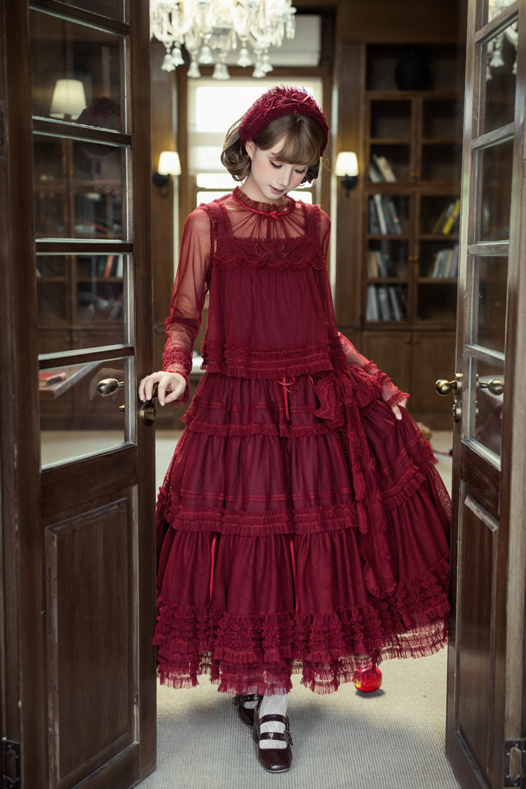 Sweet Lolita Dress - Stand Collar Multi-layered, 14 Colors, Stand Collar, Ruffled - S Wine-Red / M Wine-Red / L Wine-Red option