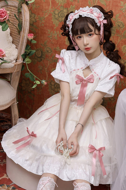 Sweet Lolita Dress - Stand Collar One Button Bubble, 3 Colors, Stand Collar, Lace Trim - additional product view 2