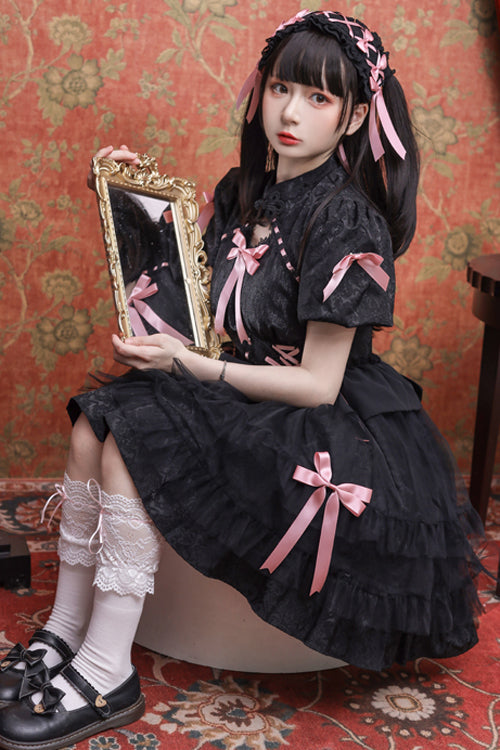 Sweet Lolita Dress - Stand Collar One Button Bubble, 3 Colors, Stand Collar, Lace Trim - additional product view 5