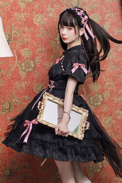 Sweet Lolita Dress - Stand Collar One Button Bubble, 3 Colors, Stand Collar, Lace Trim - additional product view 7