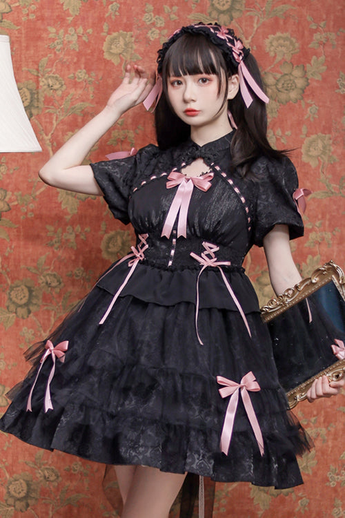 Sweet Lolita Dress - Stand Collar One Button Bubble, 3 Colors, Stand Collar, Lace Trim - S Black/Pink / M Black/Pink / L Black/Pink option